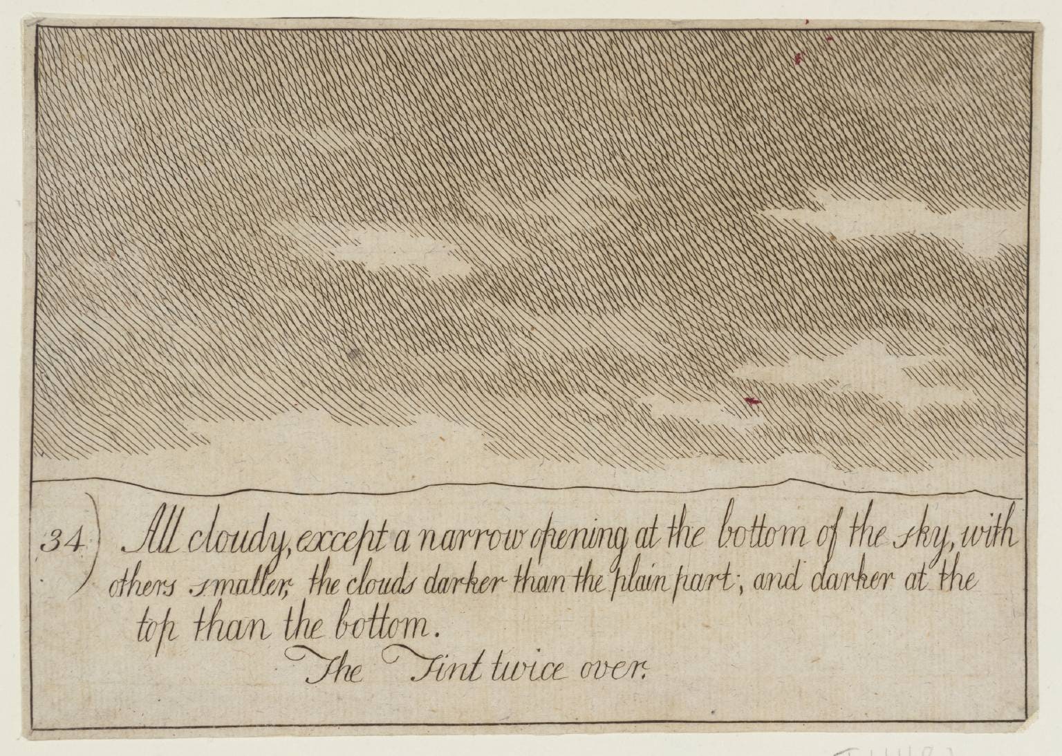 34. All Cloudy, except a Narrow Opening at the Bottom of the Sky, with Others Smaller, the Clouds Darker than the Plain Part; and Darker at the Top than the Bottom. The Tint Twice Over