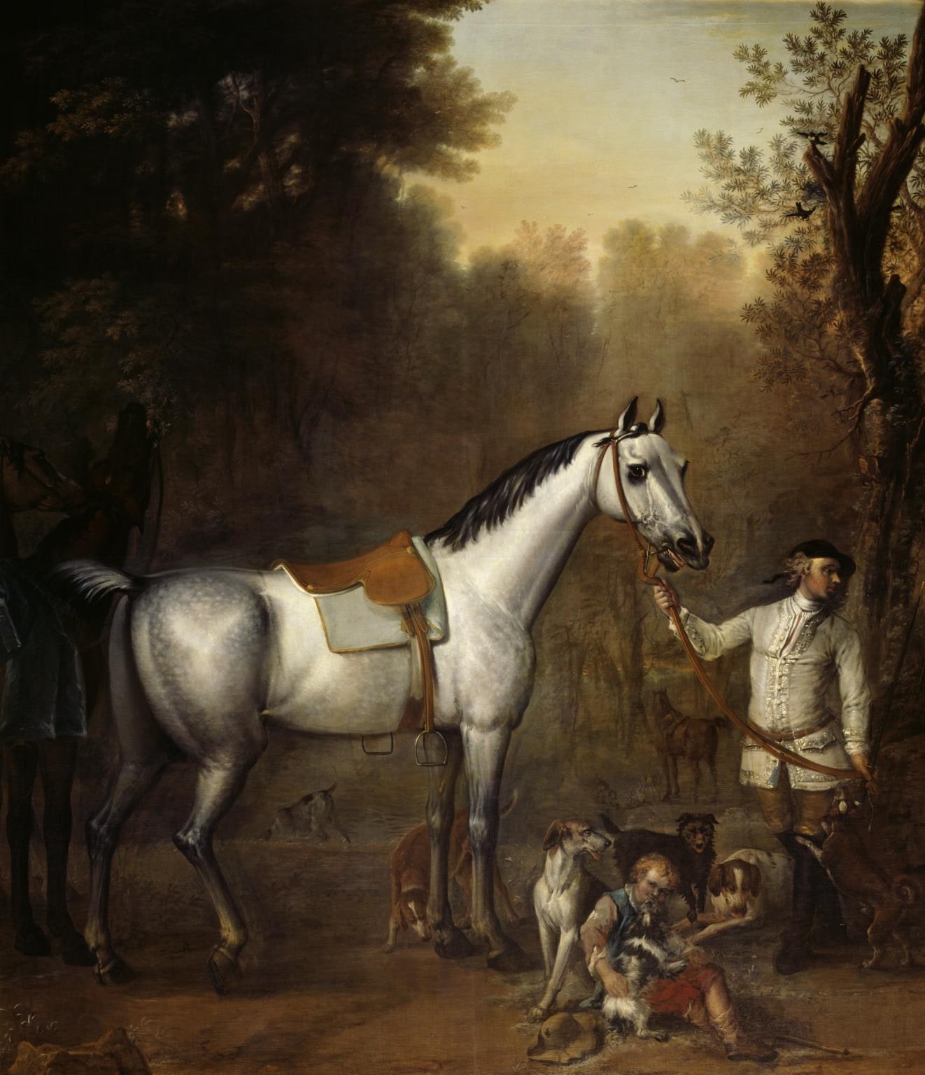 Viscount Weymouth’s Hunt: A Groom holding a Saddled Grey Hunter with Hounds and Terriers