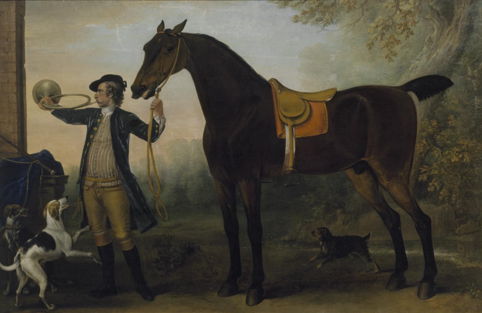 Life-Size Horse with Huntsman Blowing a Horn