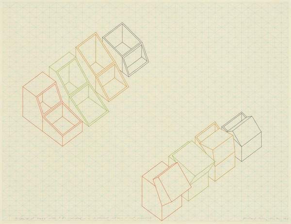 Four identical boxes with lids revealed - in different colours - not executed