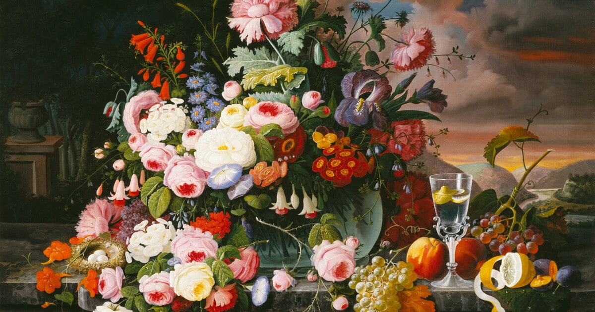 Still Life of Flowers and Fruit with a River Landscape in the Distance