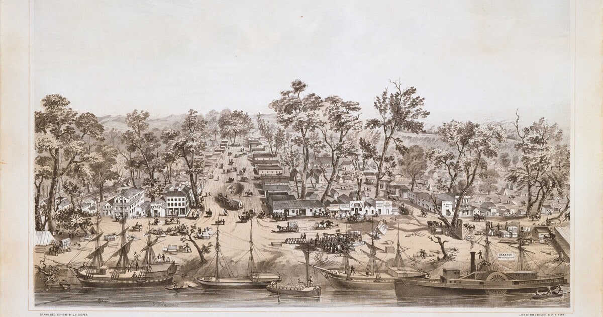 Sacramento City Ca., From the Foot of J. Street, Showing I., J. & K. Sts. with the Sierra Nevada in the Distance.