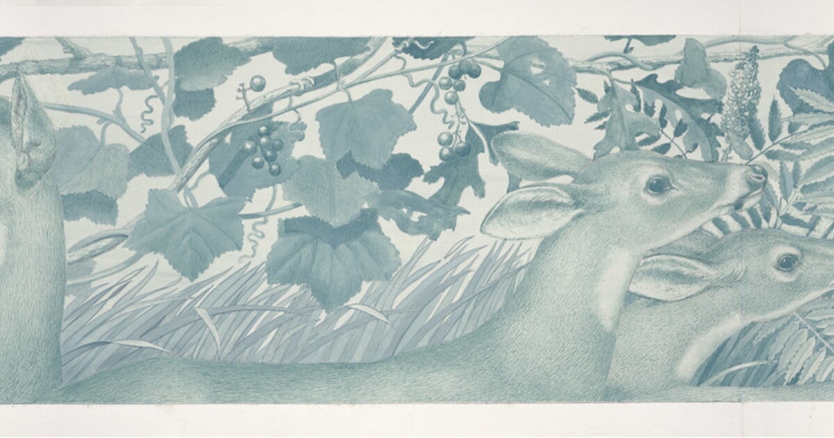 [West interior side wall (main Hall): watercolor study of four does]