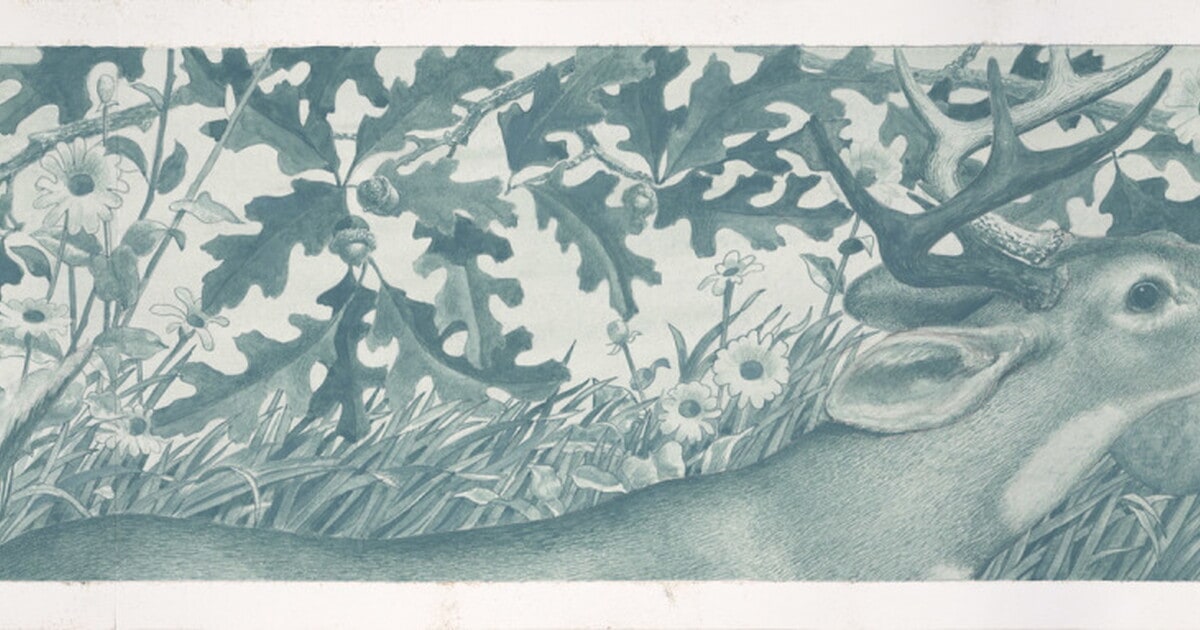 [East interior side wall (main Hall): watercolor study of buck deer]