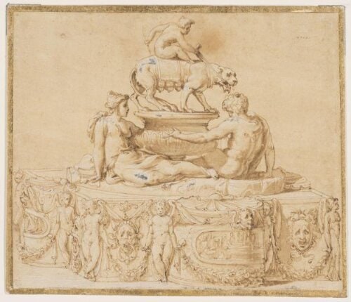 Design for a casket, with two semi-nude mythological figures reclining on the lid and a putto riding on a lioness