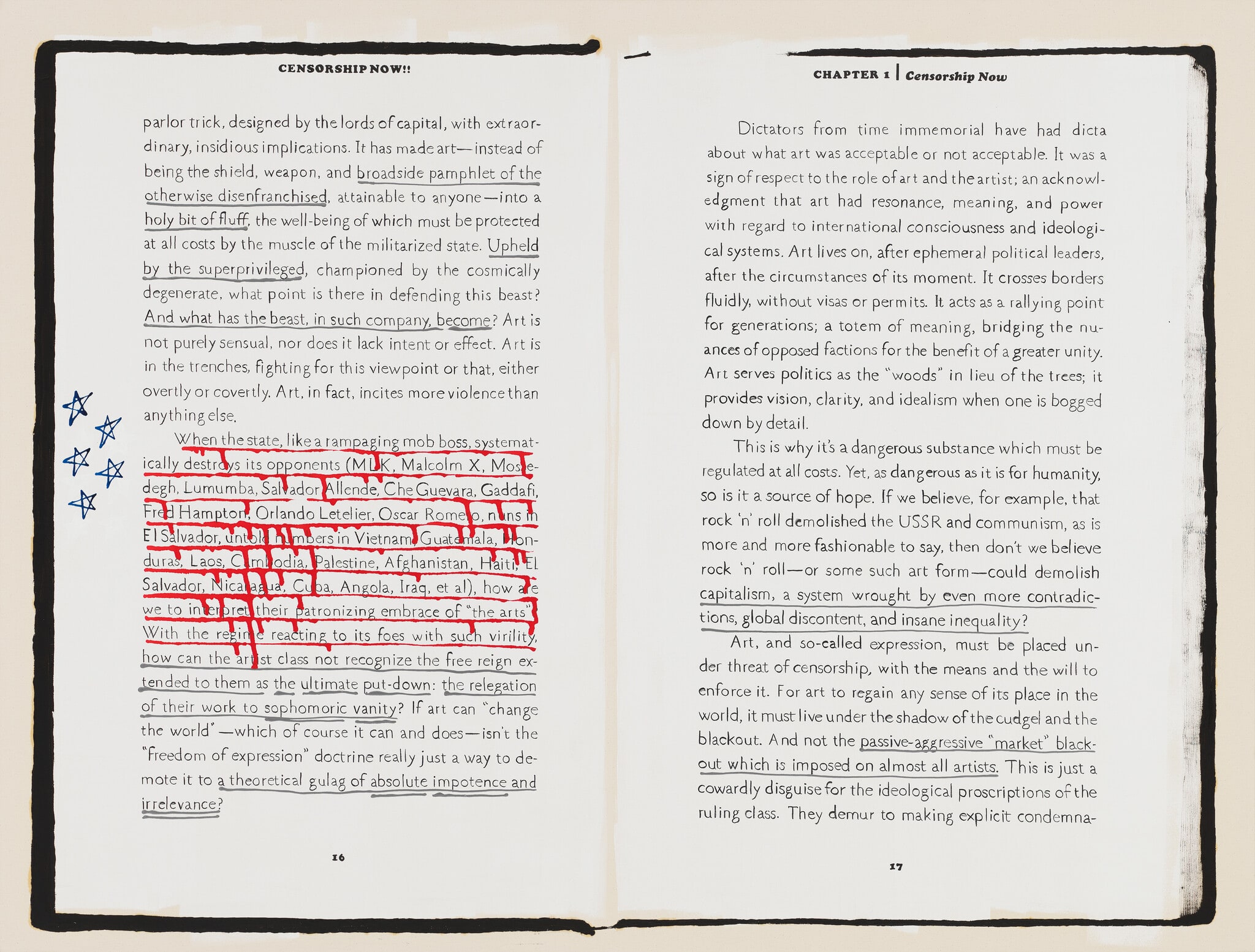 Ian F. Svenonius’s “Censorship Now” for the 2017 Whitney Biennial, Spread 3 of 8 (pp. 16–17) (the state, like a rampaging mob boss)