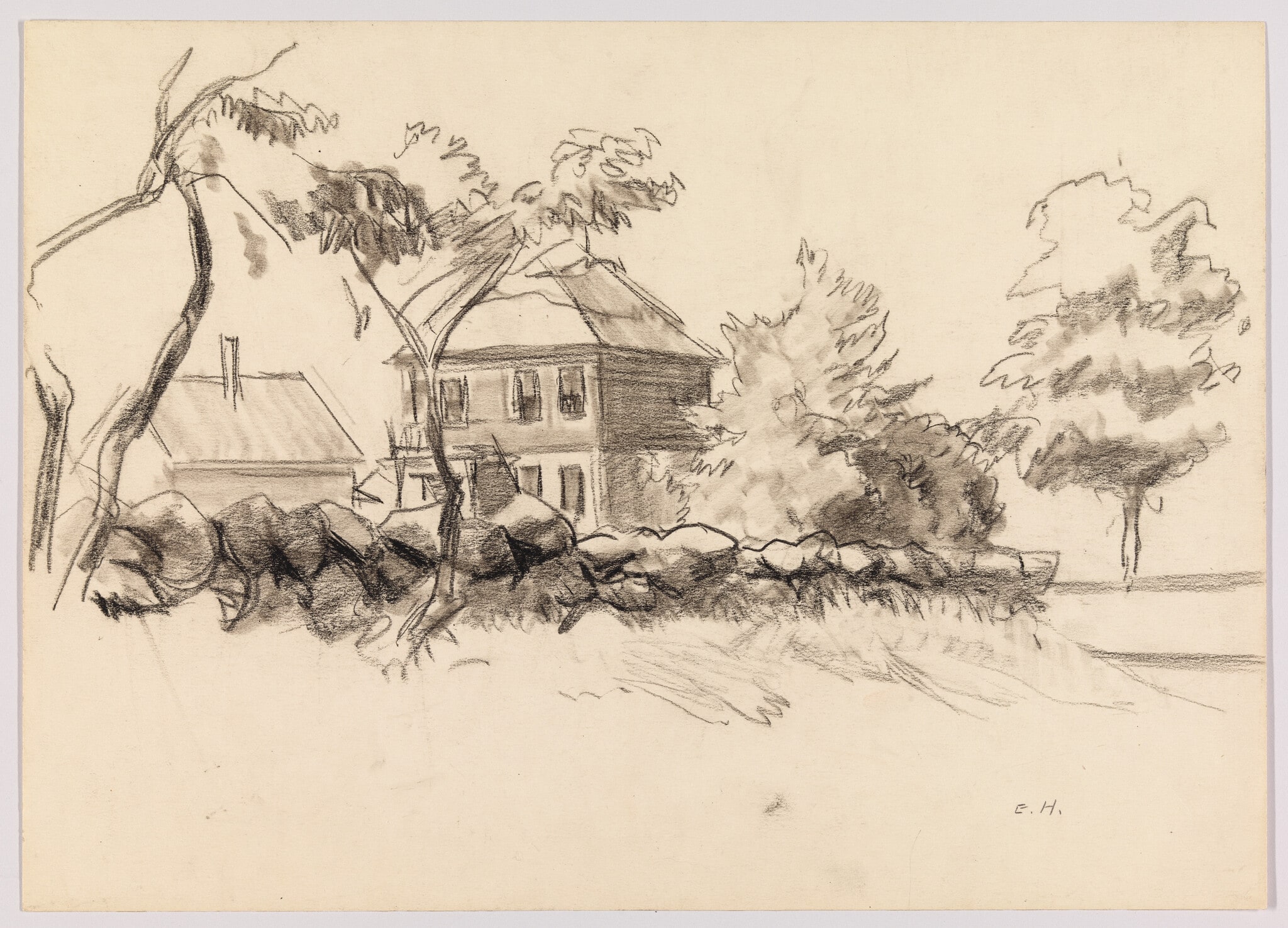 (Study of a Country Landscape with Houses and Stone Wall)