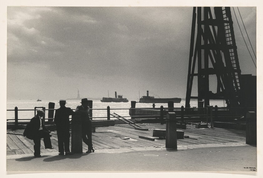 Dead End I, Queensborough Bridge, NY (Three men on dock)