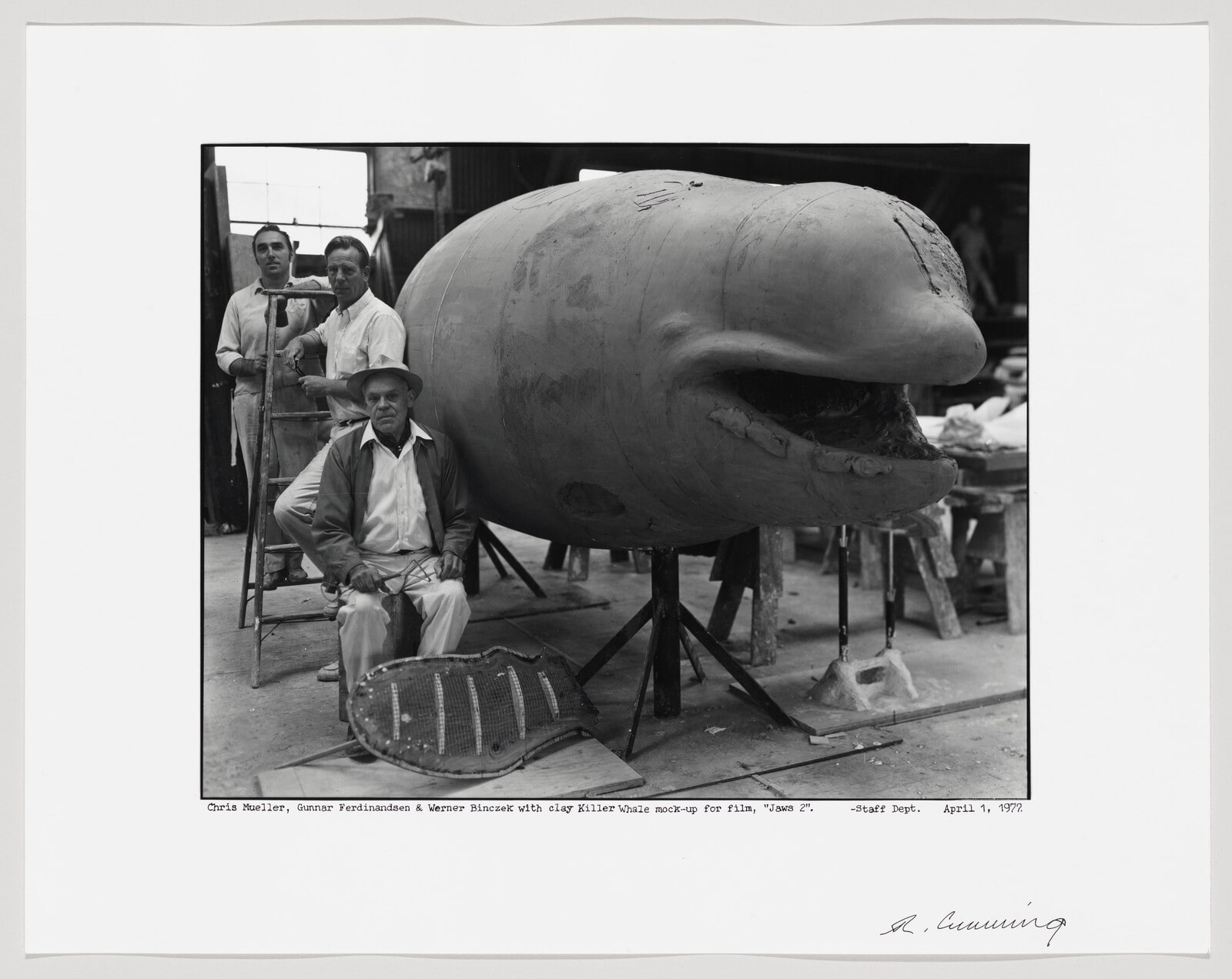 Chris Mueller, Gunnar Ferdinandsen and Werner Binczek with Clay Killer Whale Mock-Up for Film; "Jaws 2."-Staff Department