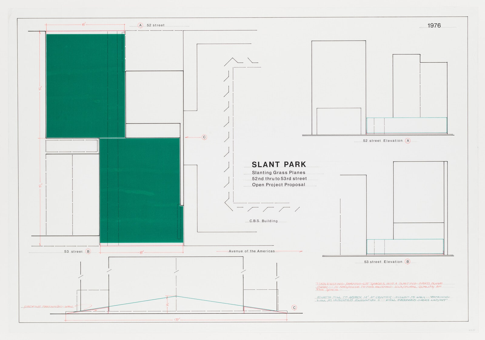 Slant Park Slanting Grass Planes 52nd thru to 53rd Street, Open Project Proposal, 1976