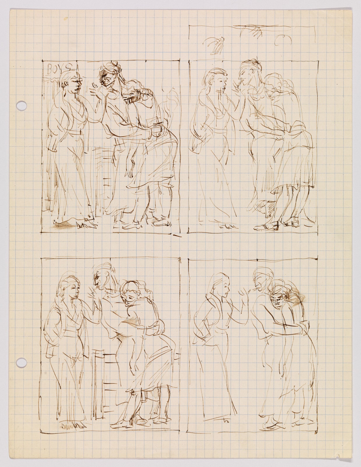 (Four Sketches of Two Figures Embracing, Talking to a Third)