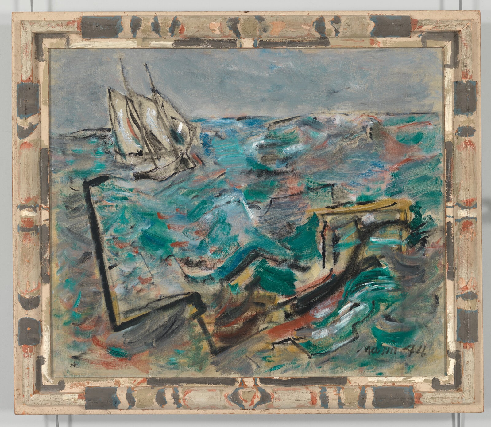 Boat, Sea and Sky: Green and Red Sea, Grey Sky