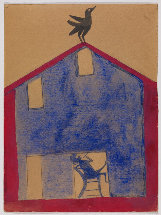 Man in Blue House with Rooster