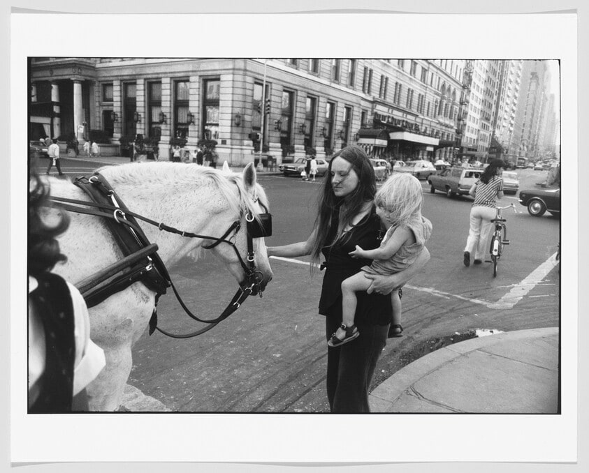 Young Mother and Child Petting a Horse Near the Plaza Hotel