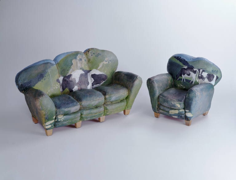 Couch and Chair with Landscape and Cows