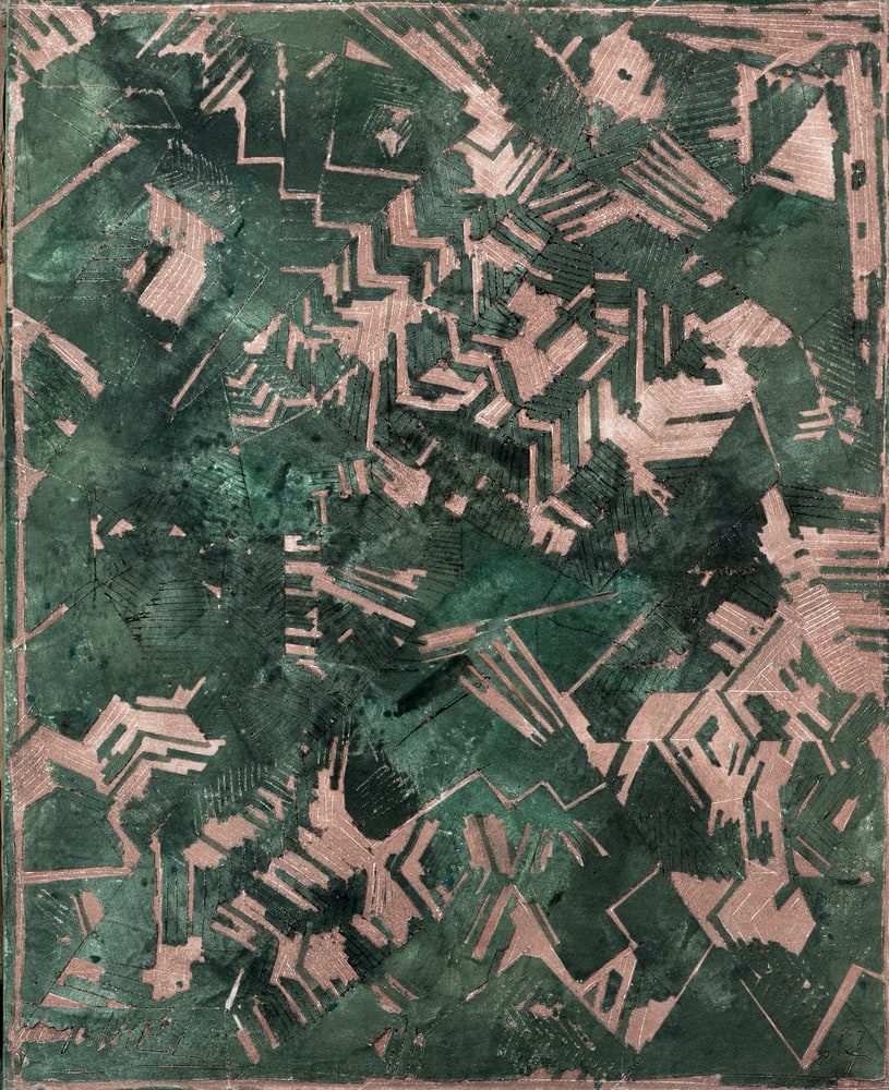 Patchwork, lambeaux de vert sur ocre