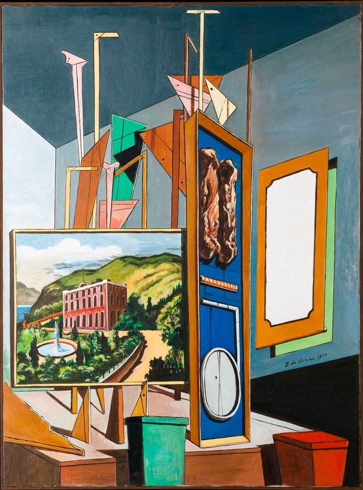 Interno metafisica con paesaggio, villa con fontana
(Intérieur métaphysique avec paysage, villa avec fontaine)