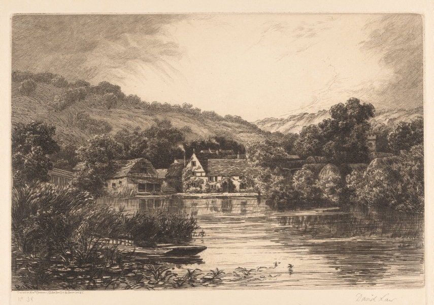 River scene in valley with village and punt