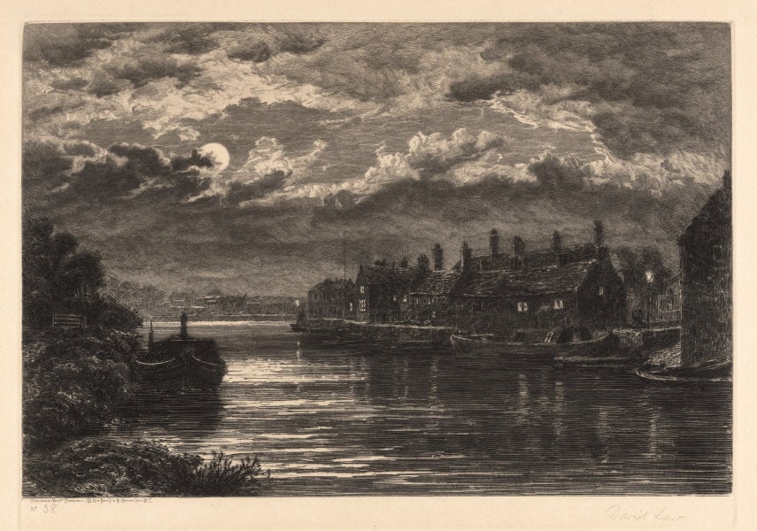 (River scene, town by moonlight)