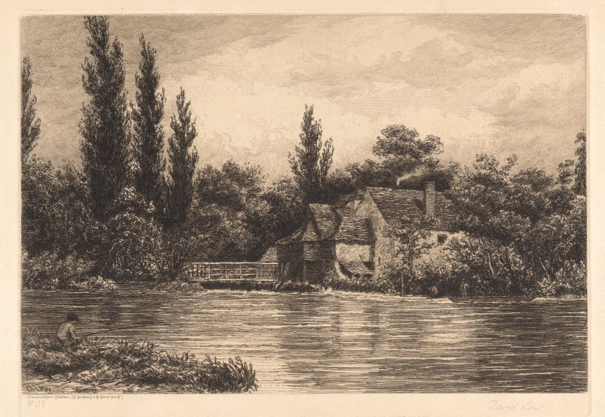 (River scene with watermill and boy fishing)