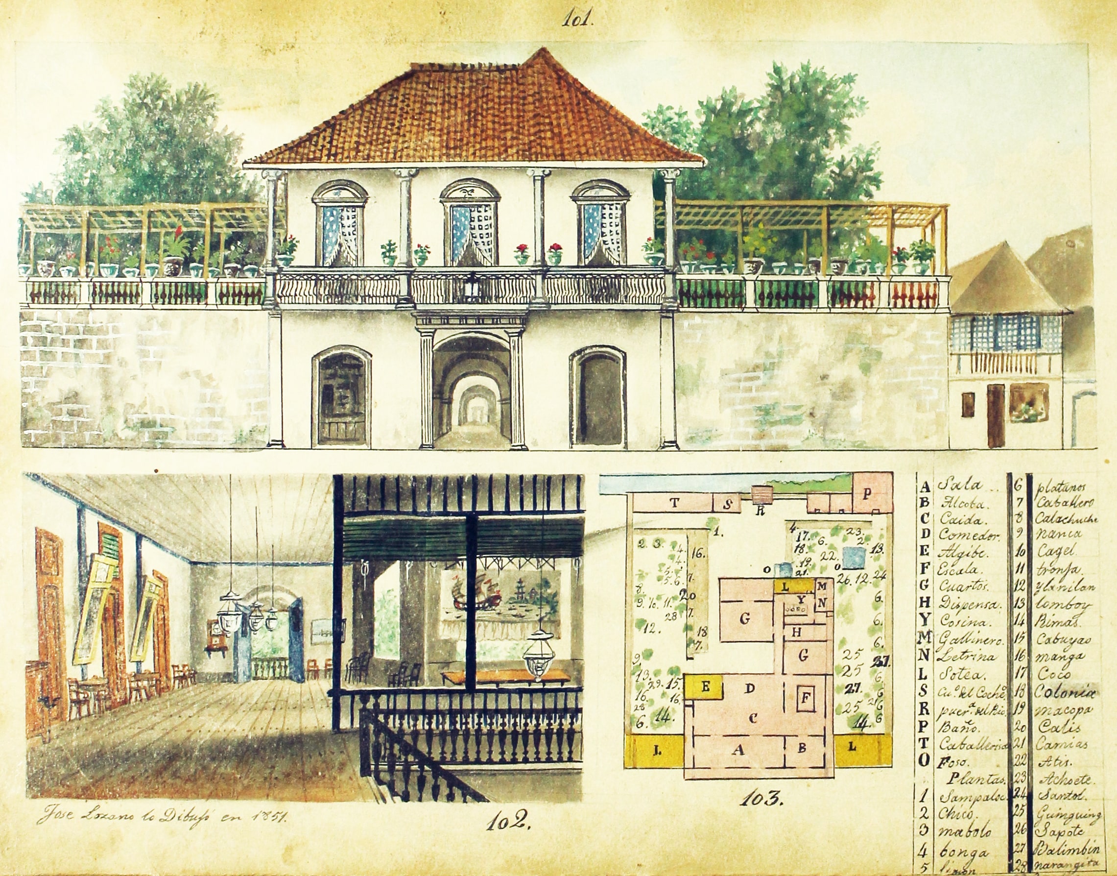 Facada; Salon; Plano de una casa de piedra.Façade; Living room; Layout of a stone house.