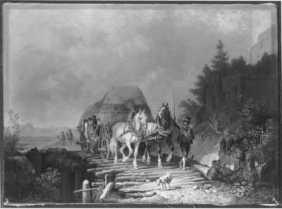 Erntewagen auf einer Holzbrücke