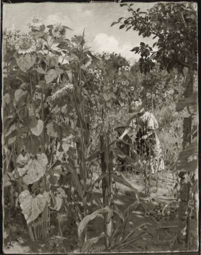 Mutter und Tochter im Sonnenblumengarten