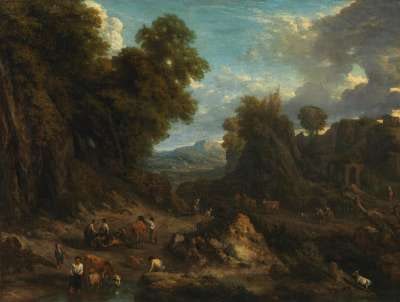 Südliche Landschaft mit Hirten an einer Tränke