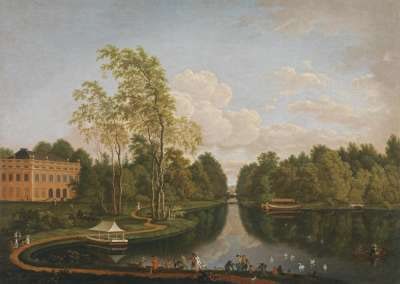 Blick über den Oberen Schönbuschsee nach Süden auf Schloss Schönbusch und den Kanal (Aschaffenburger Zyklus)