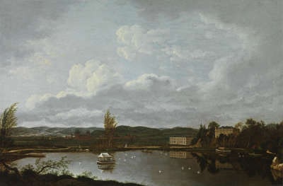 Blick über den Oberen Schönbuschsee nach Osten auf Aschaffenburg, Wirtschaftsgebäude und Schloss Schönbusch (Aschaffenburger Zyklus)