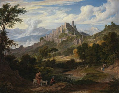 Landschaft bei Olevano mit reitendem Mönch