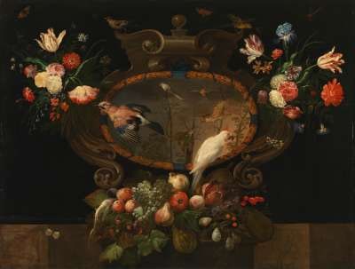 Stillleben mit Blumen, Früchten, Vögeln