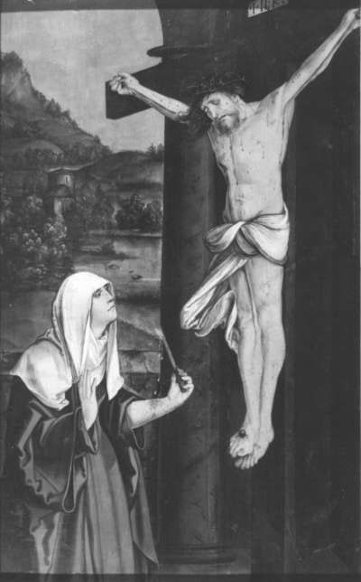 "Maihinger Altar": Hl. Birgitta von Schweden vor dem Kruzifixus
Rückseite: Stammbaum der Ordensstifter nach der Regel des hl. Augustinus