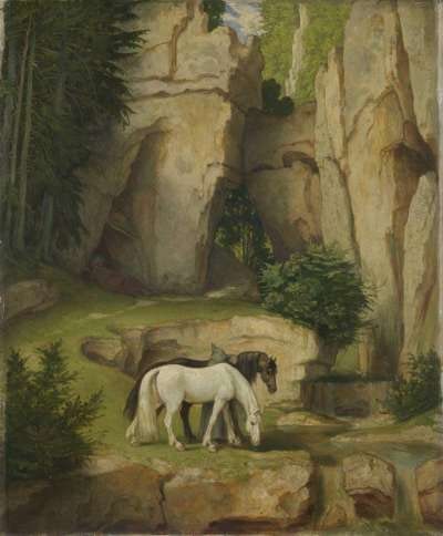 Ein Einsiedler führt Rosse zur Tränke