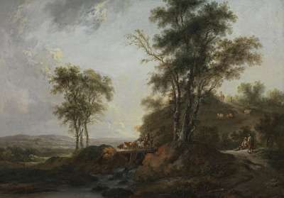 Landschaft mit Holzbrücke und
Wasserfall