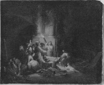 Beutelager vor Ruinen