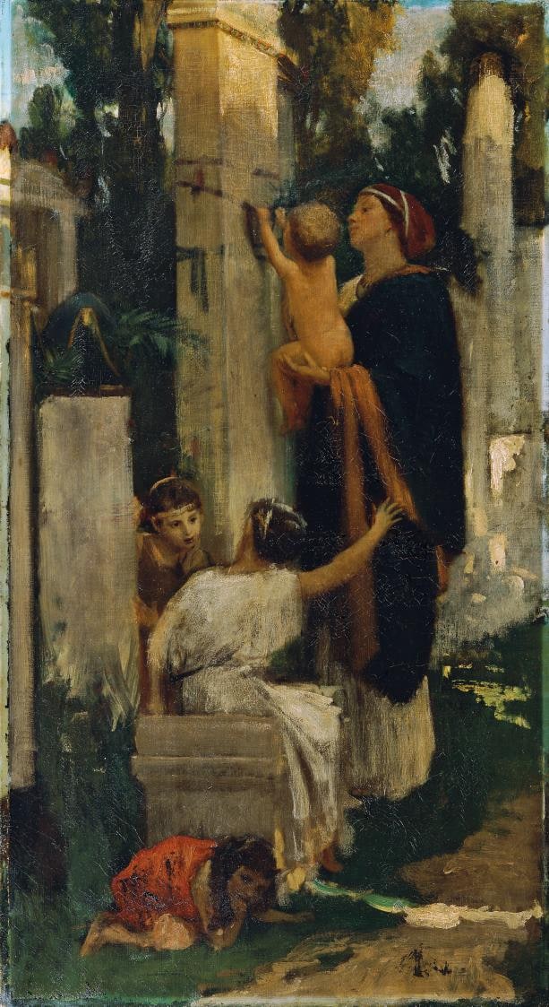 ANTIKE FRIEDHOFSSZENE (FRAU MIT KINDERN EINE GRABSTELLE SCHMÜCKEND)
