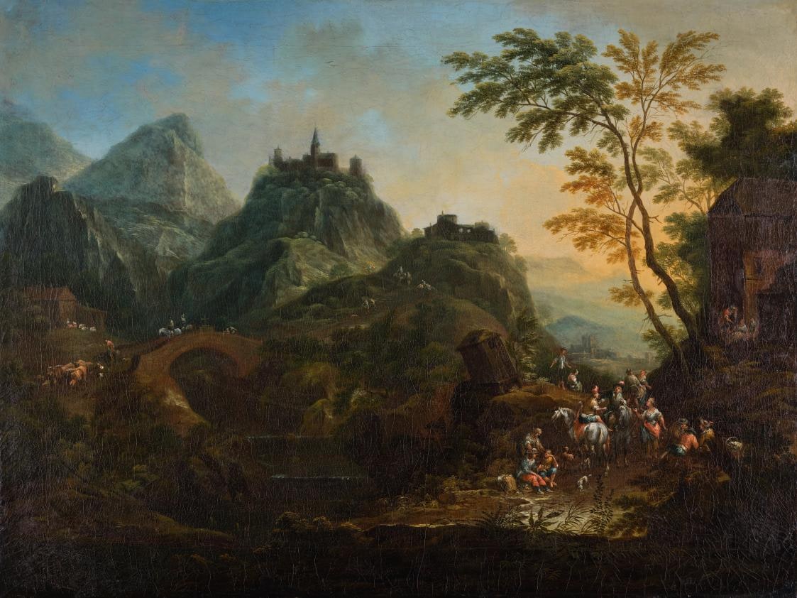 Idealized Mountain Landscape with Bridge