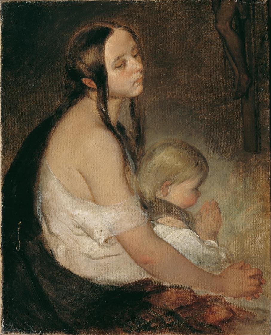 Mother with Child Beneath a Crucifix