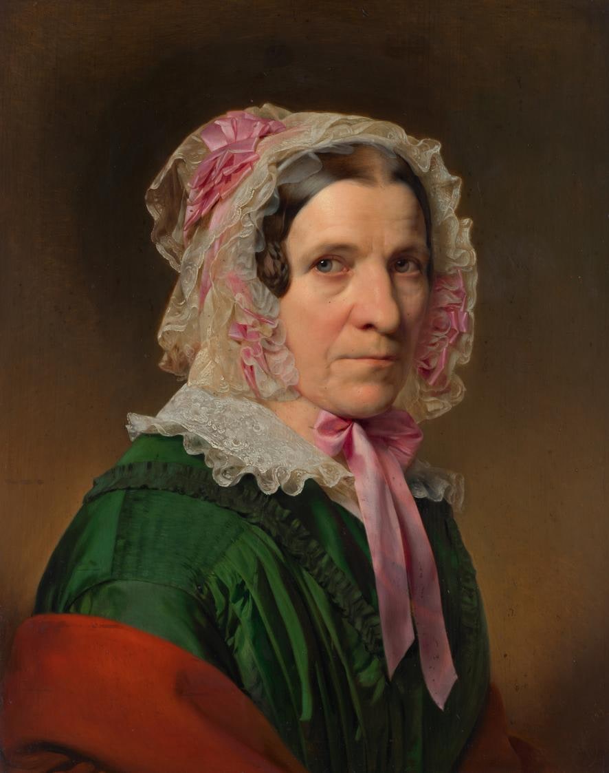 Portrait of an Elderly Lady with Lace Hood and Pink Ribbons