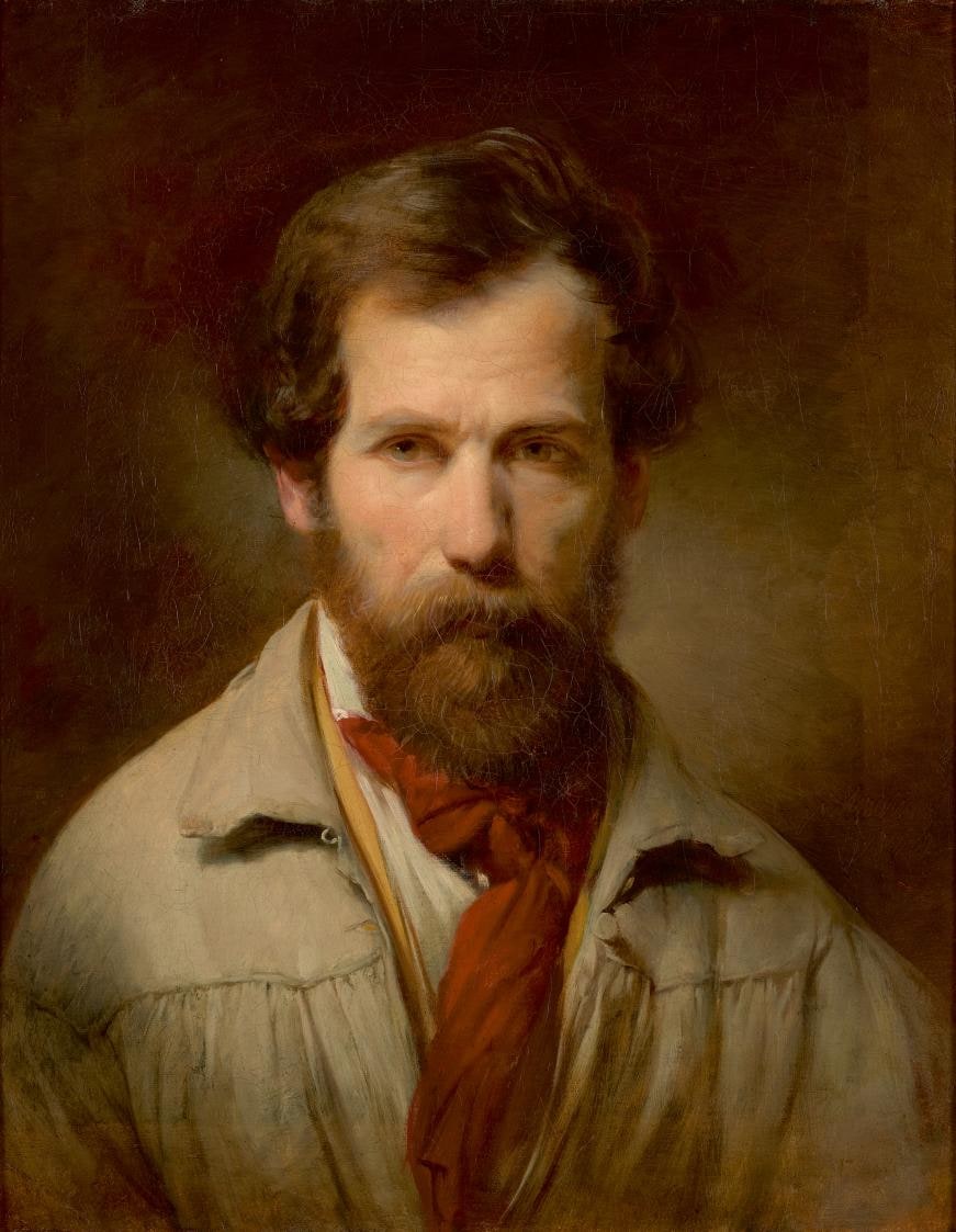 Self-Portrait en face in a grey Painter´s Coat and with Red Scarf