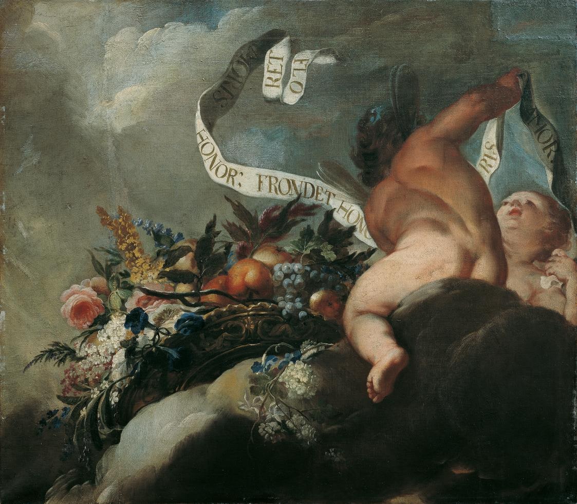 Two Putti with Flowers, Fruit and Banderole