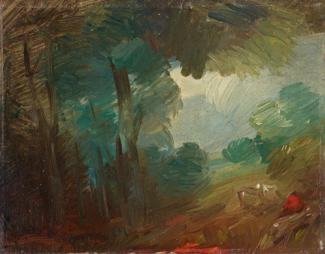 WALDLANDSCHAFT MIT KÜHEN UND BAUERN