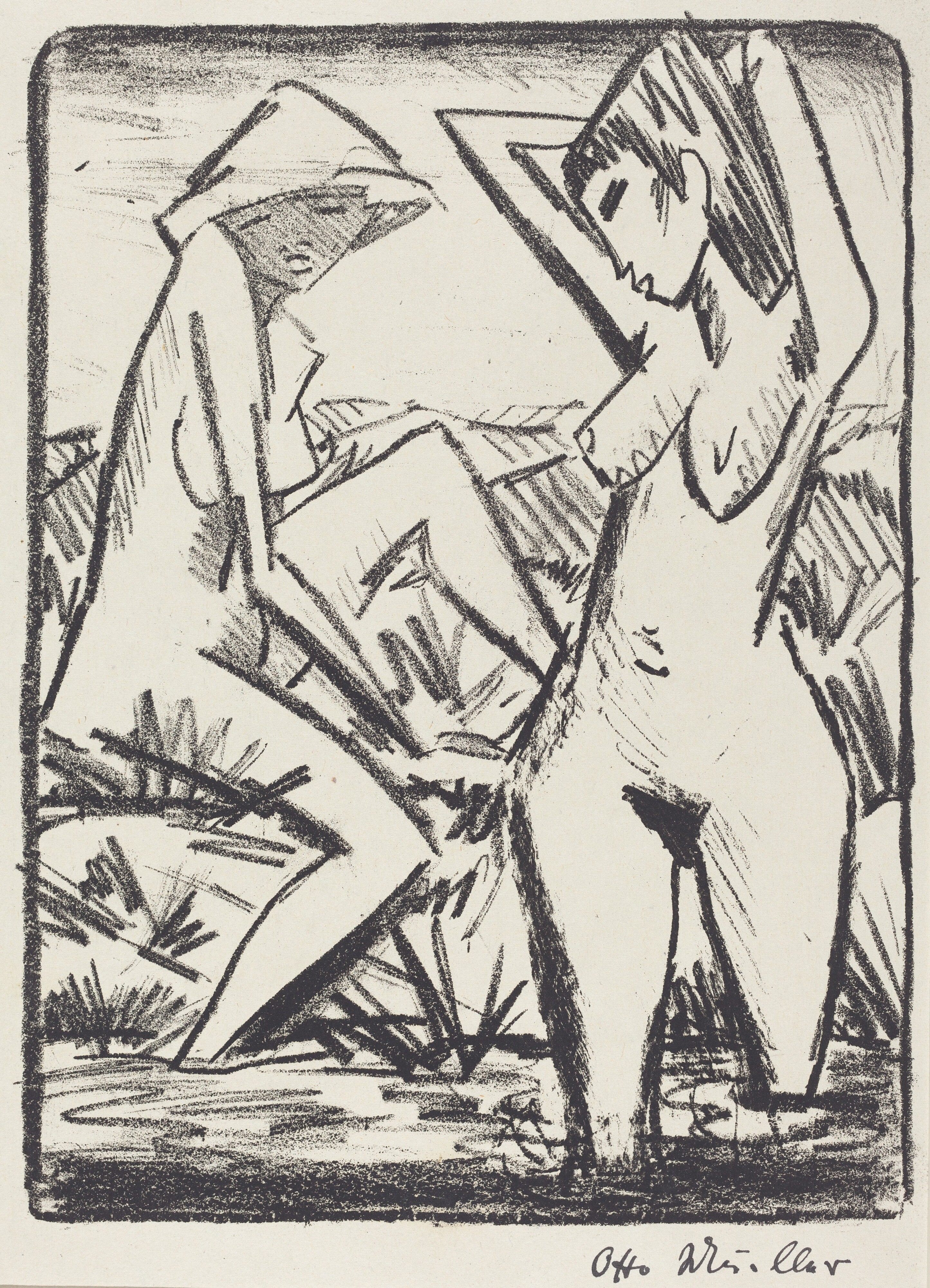 Standing Girl in Water and the Other Sitting on Shore (Im Wasser stehendes und am Ufer sitzendes Madchen mit Hut)