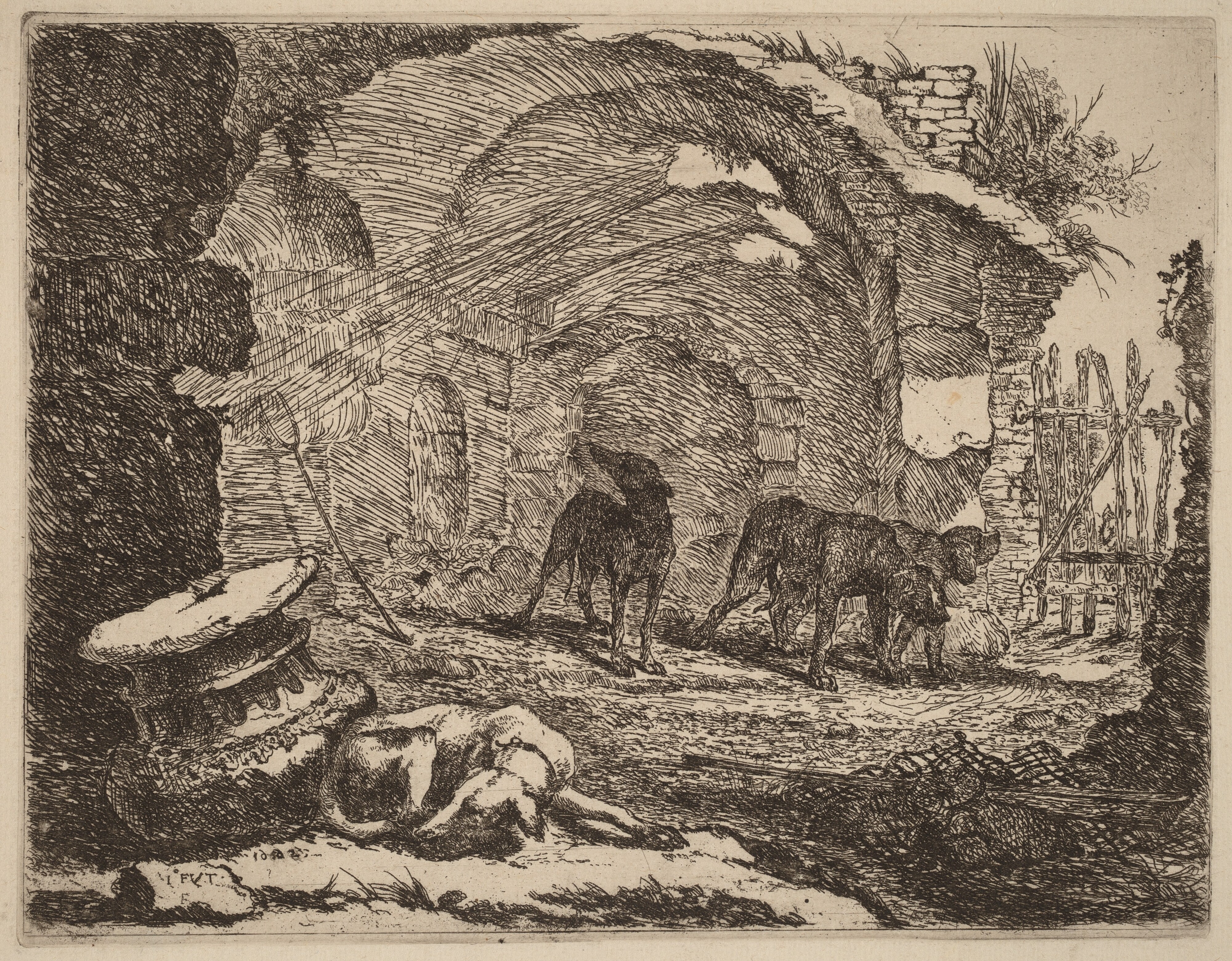 Four Dogs, One Sleeping beside a Capital