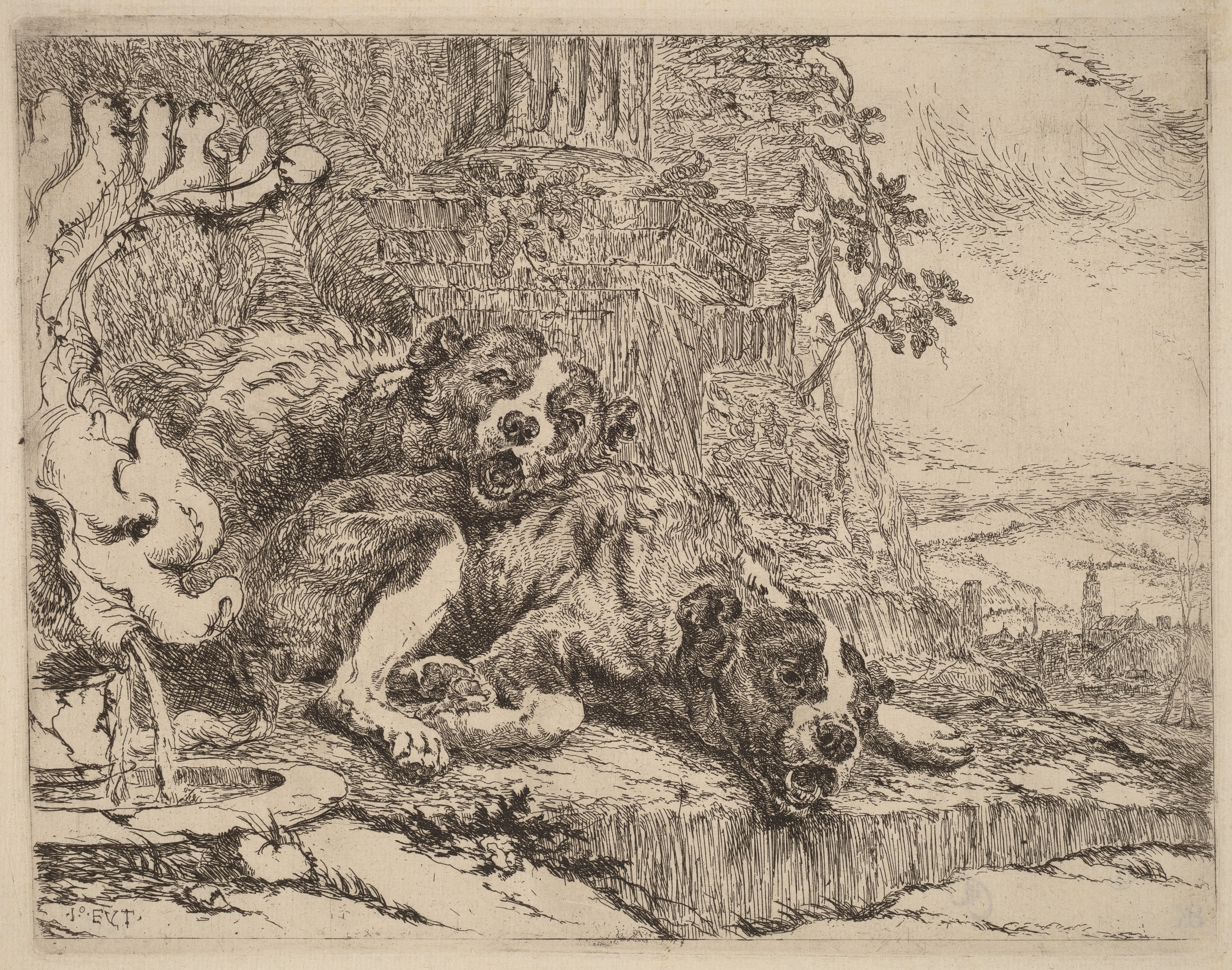Two Mastiffs beside a Fountain