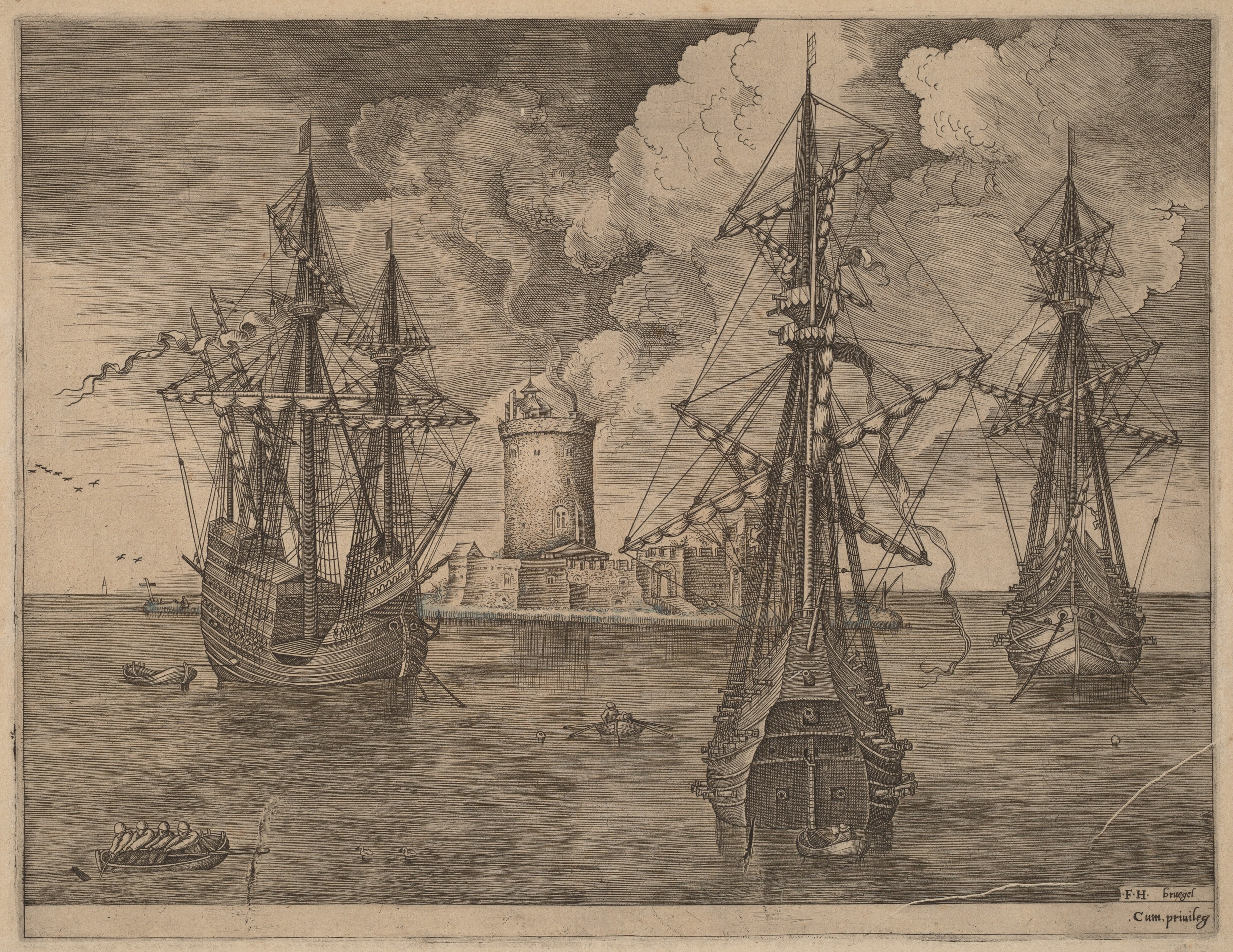 Four-Master (Left) and Two Three-Masters Ancored Near a Fortified Island with a Lighthouse
