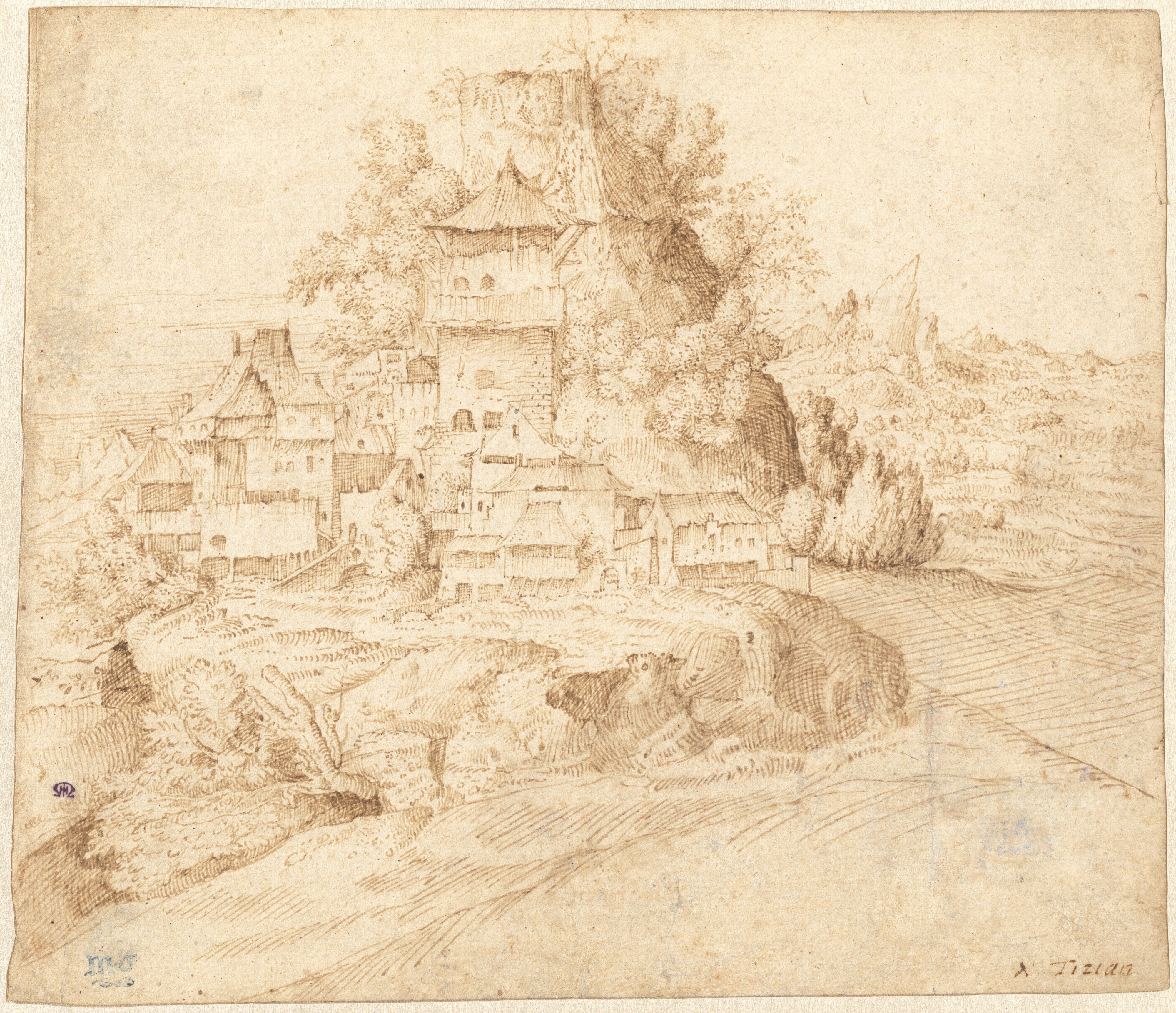 A Village Nestled at the Foot of a Hill (recto)
