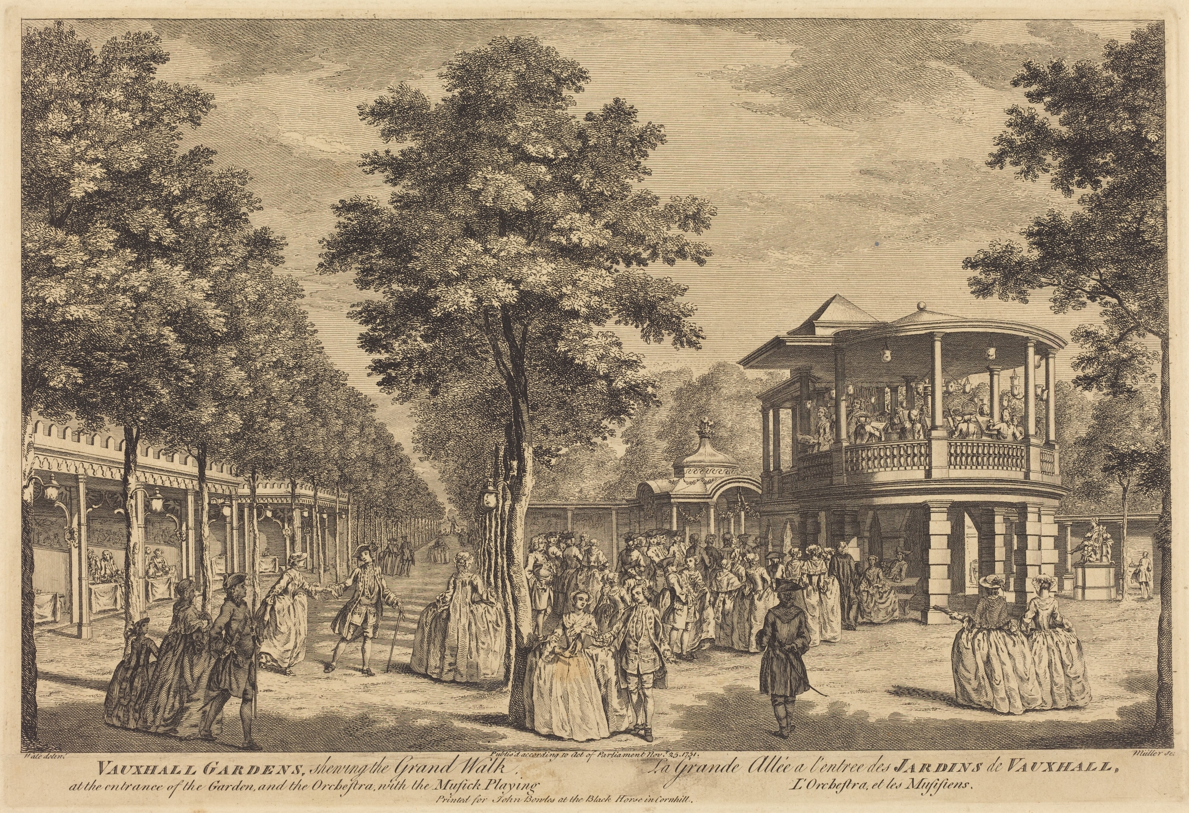 Vauxhall Gardens shewing the Grand Walk at the Entrance of the Garden and the Orchestra with Musick Playing