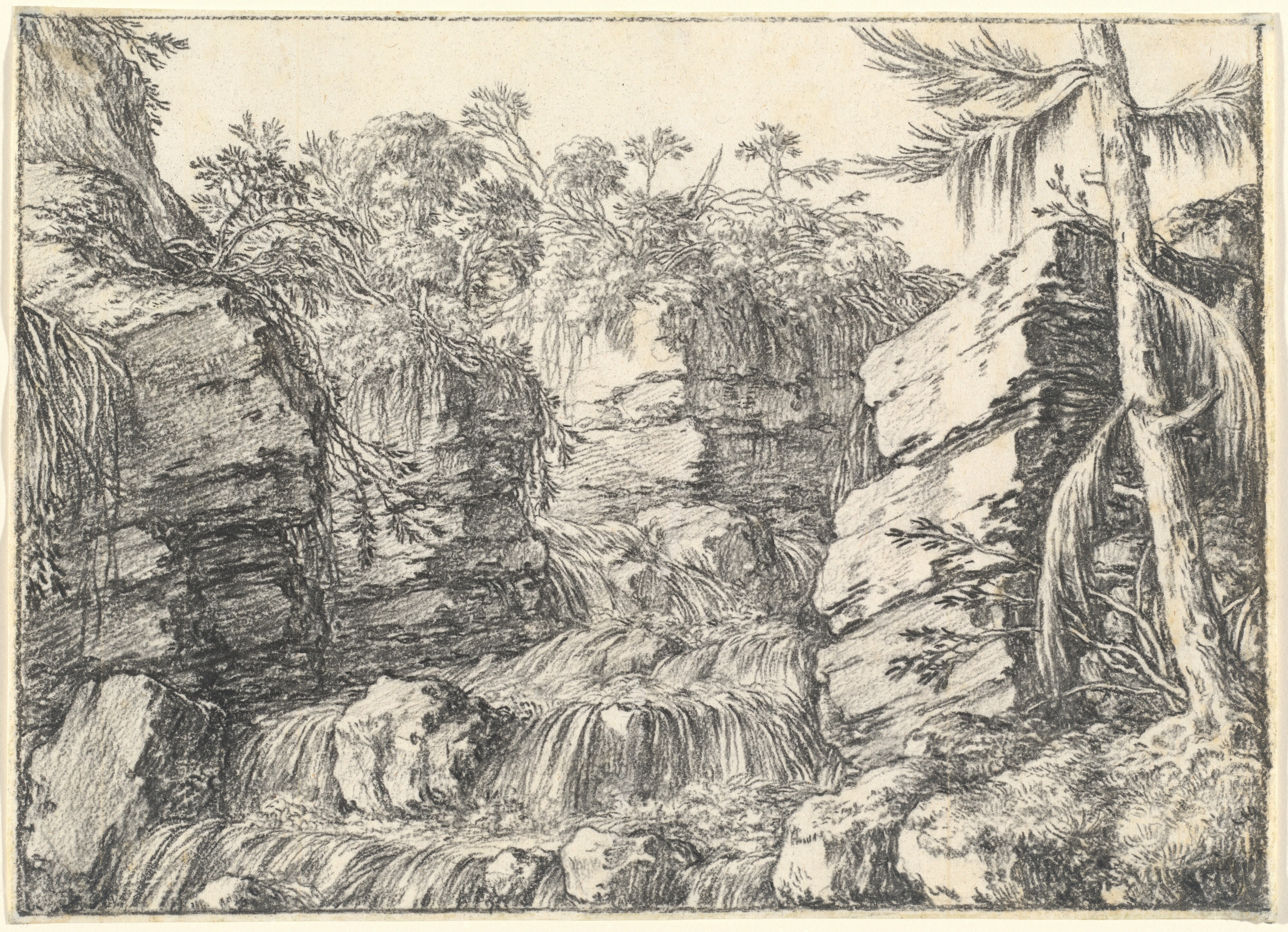 A Waterfall between Rocky Cliffs